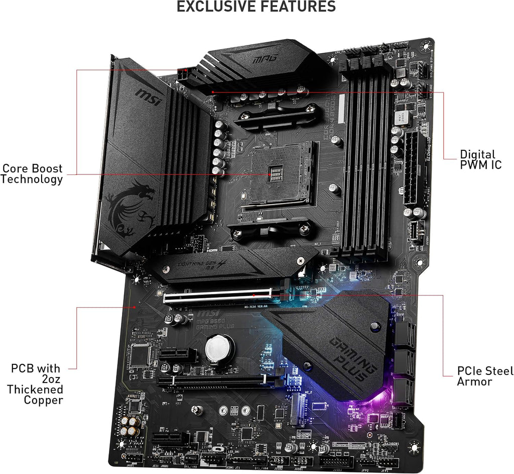 MSI MPG B550 Gaming plus Gaming Motherboard (AMD Ryzen 5000, AM4, DDR4, Pcie 4.0, SATA 6Gb/S, M.2, USB 3.2 Gen 2, HDMI/DP, ATX)