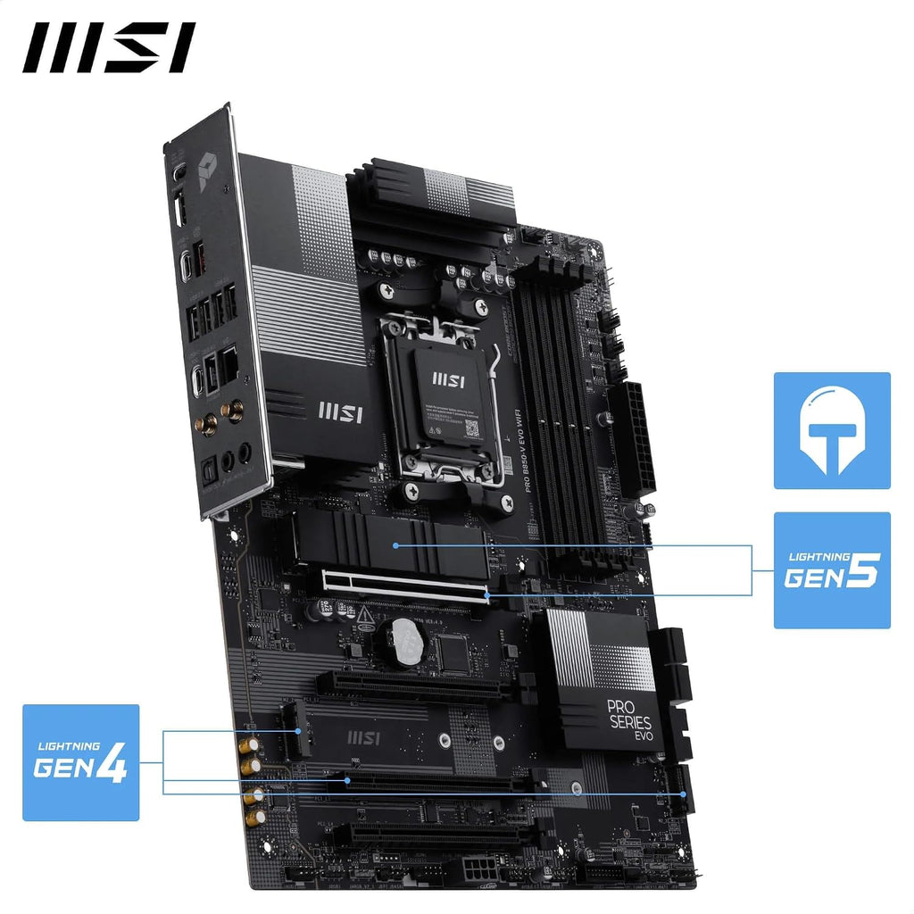 MSI PRO B850-V EVO Wifi Motherboard, ATX - Supports AMD Ryzen 9000/8000 / 7000 Processors, AM5 - DDR5 Memory Boost (Up to 8200+ Mt/S OC), Pcie 5.0 X16, M.2 Gen5, Wi-Fi 7, 5G LAN