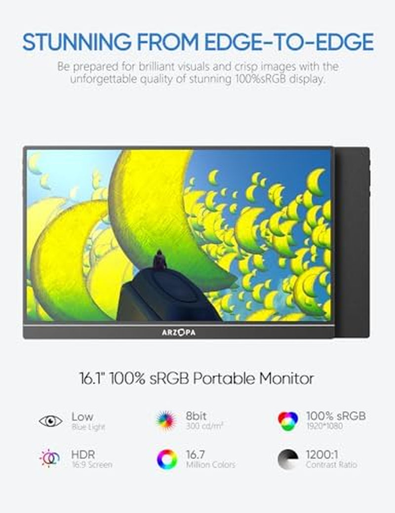 Portable Monitor & Sleeve, 16.1'' 100% Srgb FHD Laptop Monitor & PU Sleeve Bag Combination