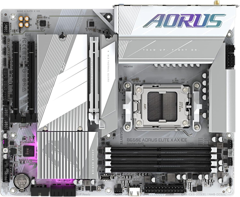 GIGABYTE B650E AORUS Elite X AX ICE AMD AM5 ATX Motherboard, Support Ryzen 9000/8000/7000 Series, DDR5, 12+2+2 Power Phase, 3X M.2, Pcie 5.0, USB-C, WIFI6E, 2.5Gbe, Ez-Latch, Q-Flash, RGB Fusion