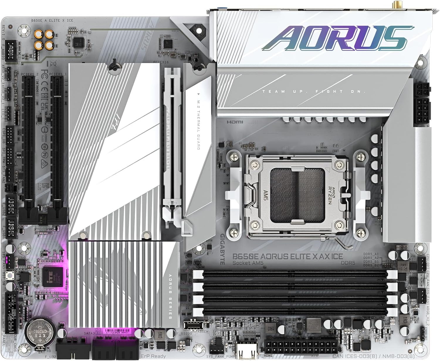 GIGABYTE B650E AORUS Elite X AX ICE AMD AM5 ATX Motherboard, Support Ryzen 9000/8000/7000 Series, DDR5, 12+2+2 Power Phase, 3X M.2, Pcie 5.0, USB-C, WIFI6E, 2.5Gbe, Ez-Latch, Q-Flash, RGB Fusion