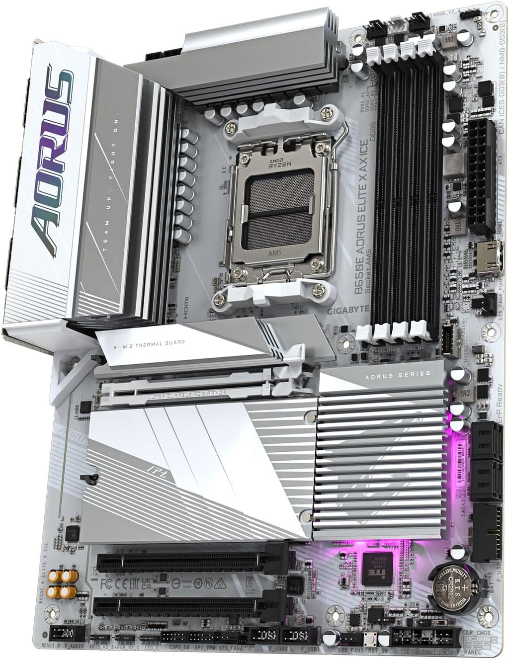 GIGABYTE B650E AORUS Elite X AX ICE AMD AM5 ATX Motherboard, Support Ryzen 9000/8000/7000 Series, DDR5, 12+2+2 Power Phase, 3X M.2, Pcie 5.0, USB-C, WIFI6E, 2.5Gbe, Ez-Latch, Q-Flash, RGB Fusion