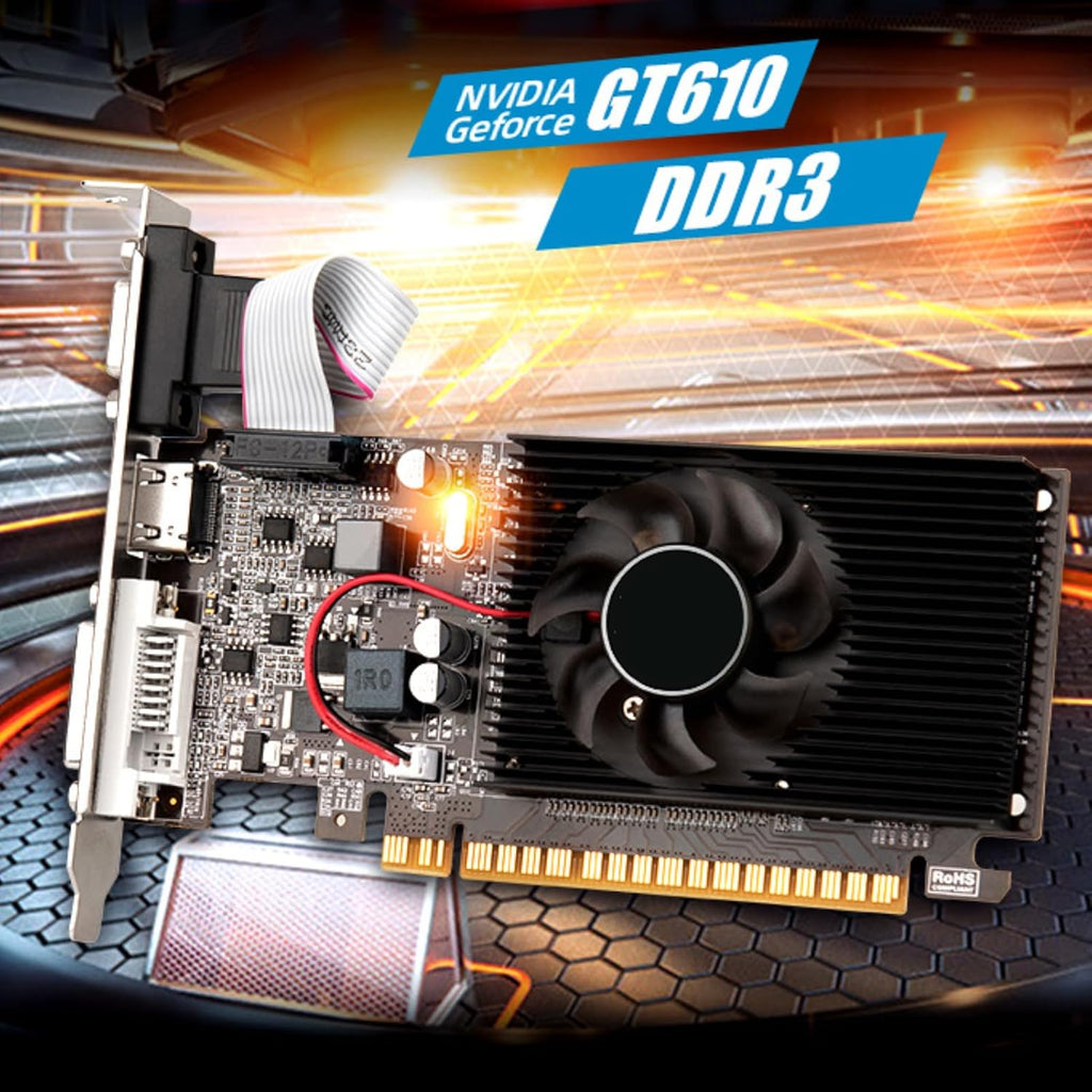 GT610 Graphics Card, 2GB 64Bit DDR3 Computer Gaming Graphics Card, DVI VGA, PCI Express 1.1 X 16, Single Cooling Fan, for Computer Desktop