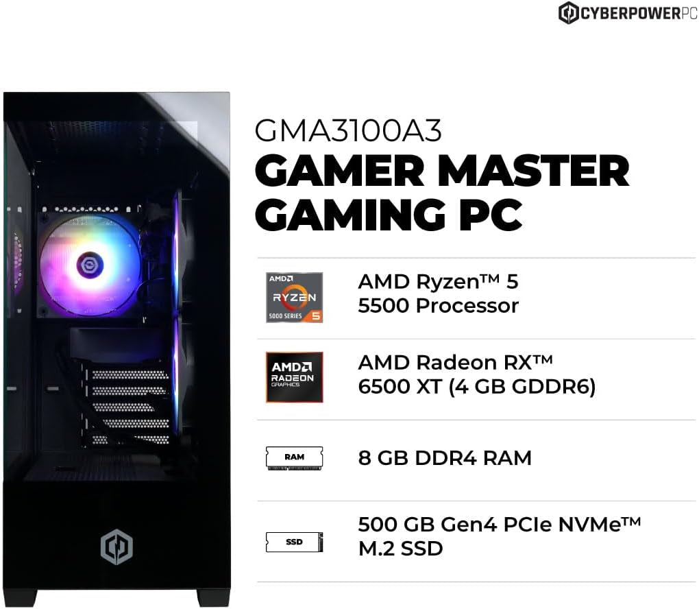 Gaming PC, AMD Ryzen 5 5500, Radeon RX 6500 XT 4GB | Gamer Master, 8GB DDR4, 500GB Pcie 4.0 SSD, Wifi Ready & Windows 11 Home (GMA3100A3)