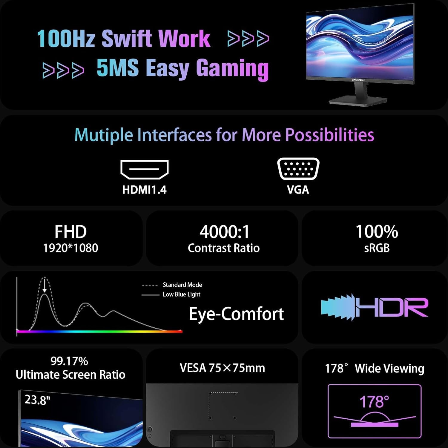 Monitor 24 Inch 100Hz Computer Monitor丨Fhd 1080P PC Monitor丨Hdmi丨Freesync丨Hdr丨Earphone Jack丨 Ergonomic Tilt for Home and Office