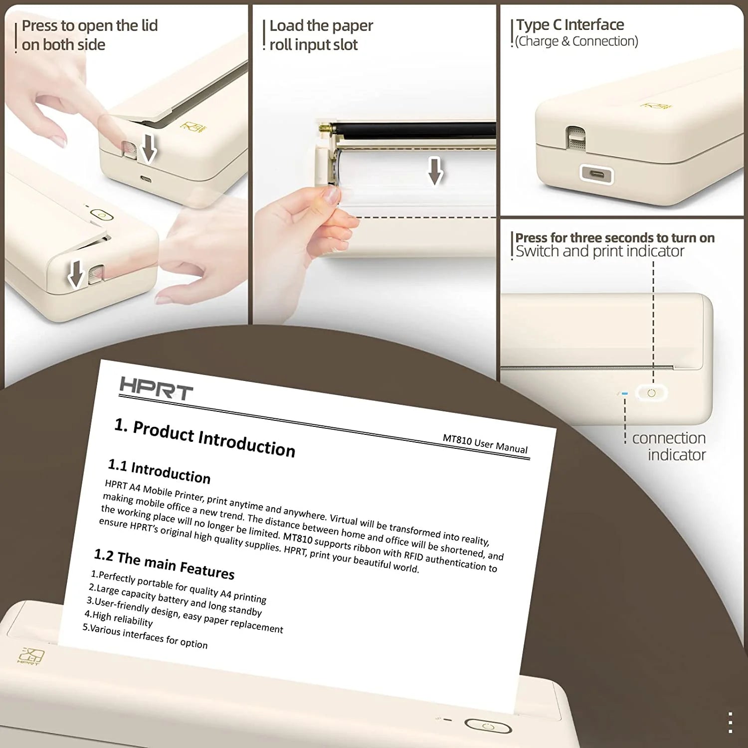 Mixfeer Wireless Printer, Portable Thermal Inkless Printer Compatible with Android Ios Phones & Laptops, Beige