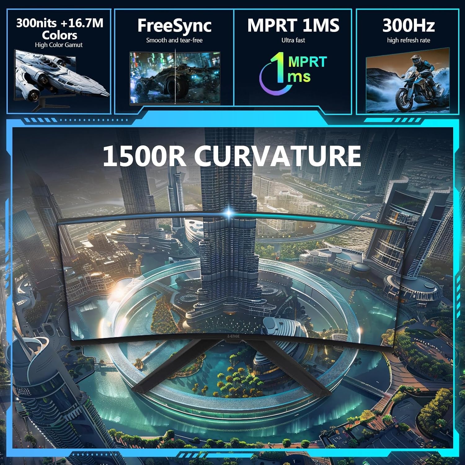 Z-Edge 27 Inch Curved Gaming Monitor, 1080P, 240Hz/300Hz Computer Monitor | UG27S 1500R Curved Screen for Office & Gaming, 1Ms, Freesync, Low Blue Light, 16.7M Colors, Dual DP & HDMI, Metal Stand