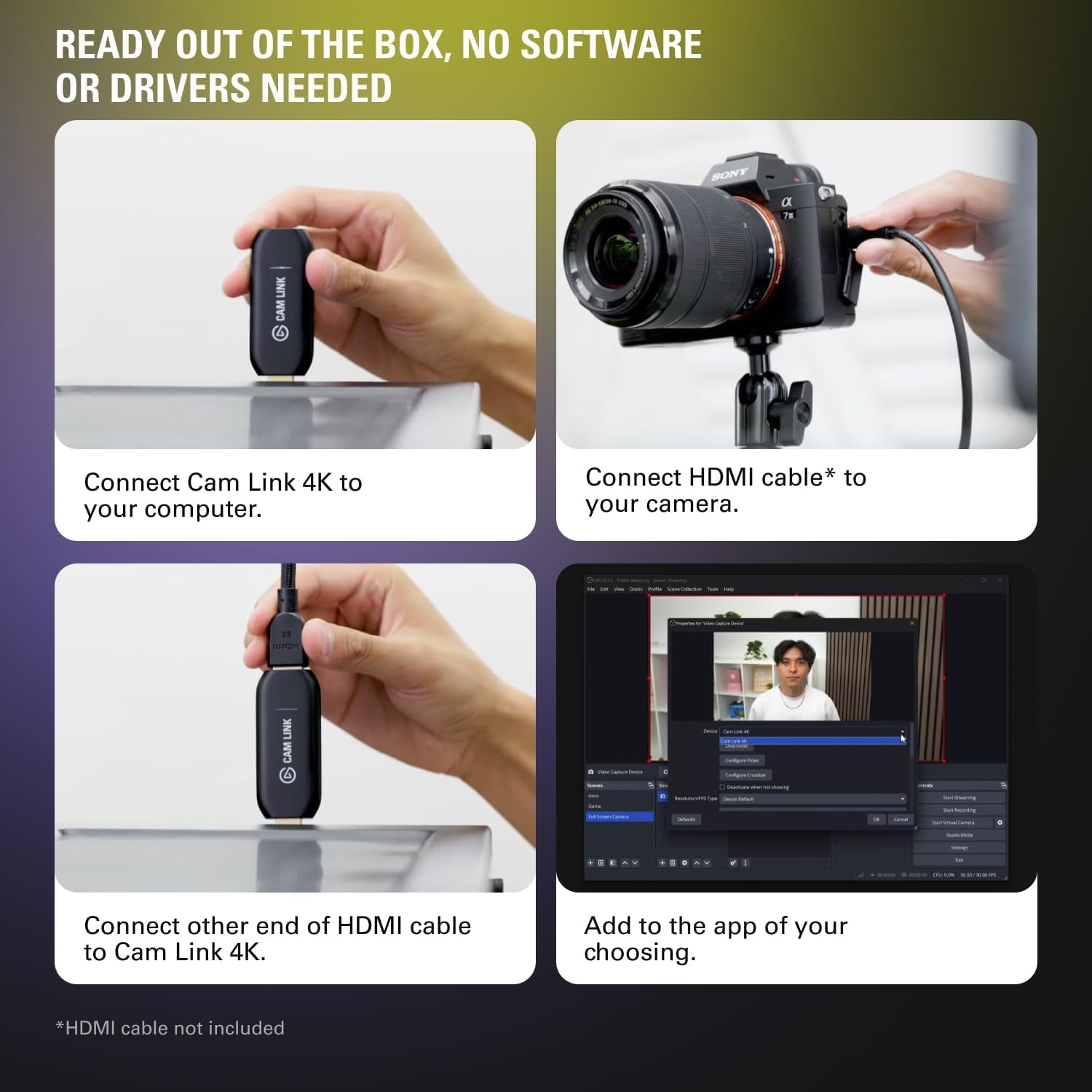 Cam Link 4K Capture Card for DSLR, Camcorder, Action Cam | HDMI to USB 3.0, Stream in 1080P60 or 4K30/60, Ultra-Low Latency, Works with OBS, Zoom, Discord, Pc/Mac/Ipad Compatible
