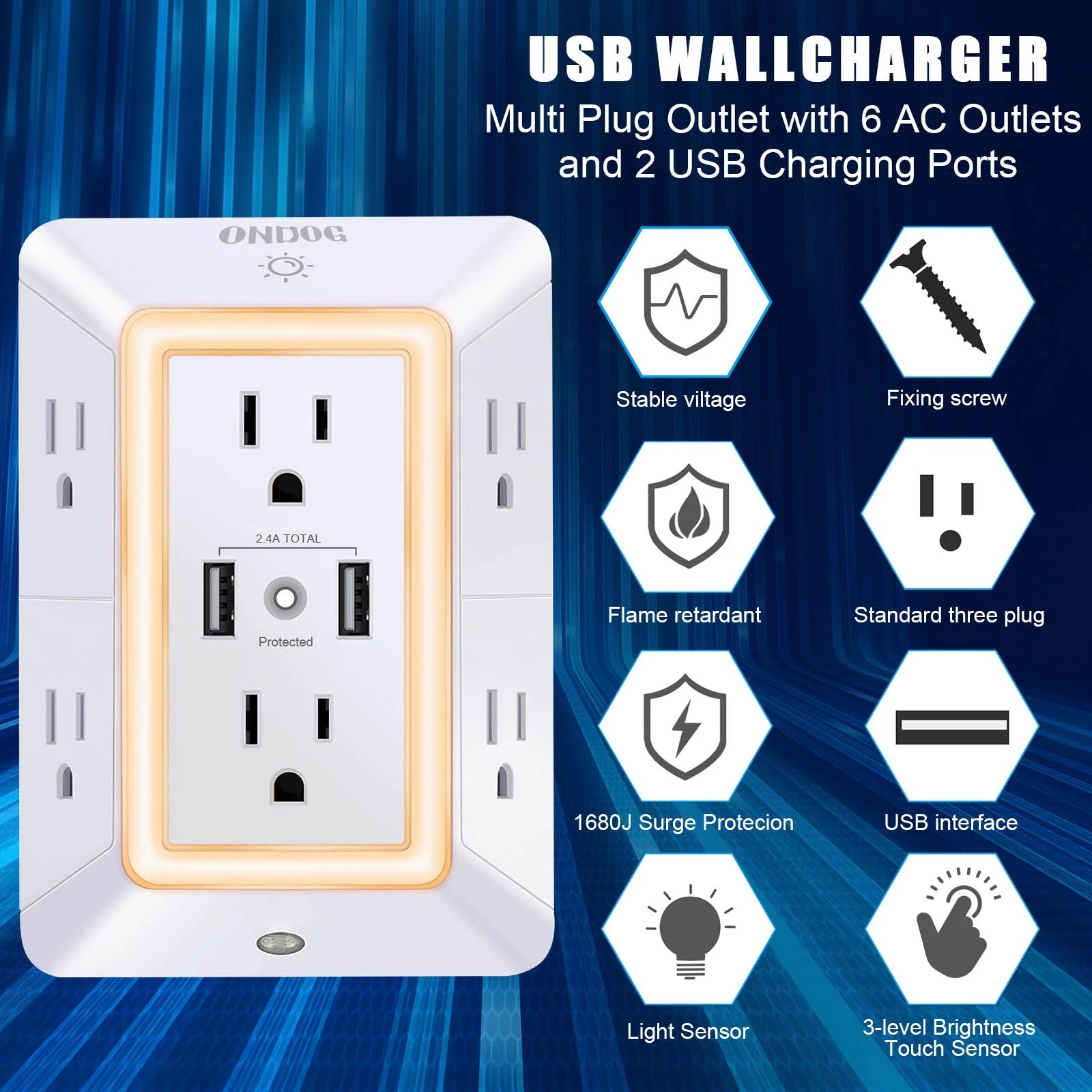 ONDOG 3 Sided Outlet Extender 6 Outlets with 2 USB Ports, Multi Plug Outlet Splitter for Home, Office