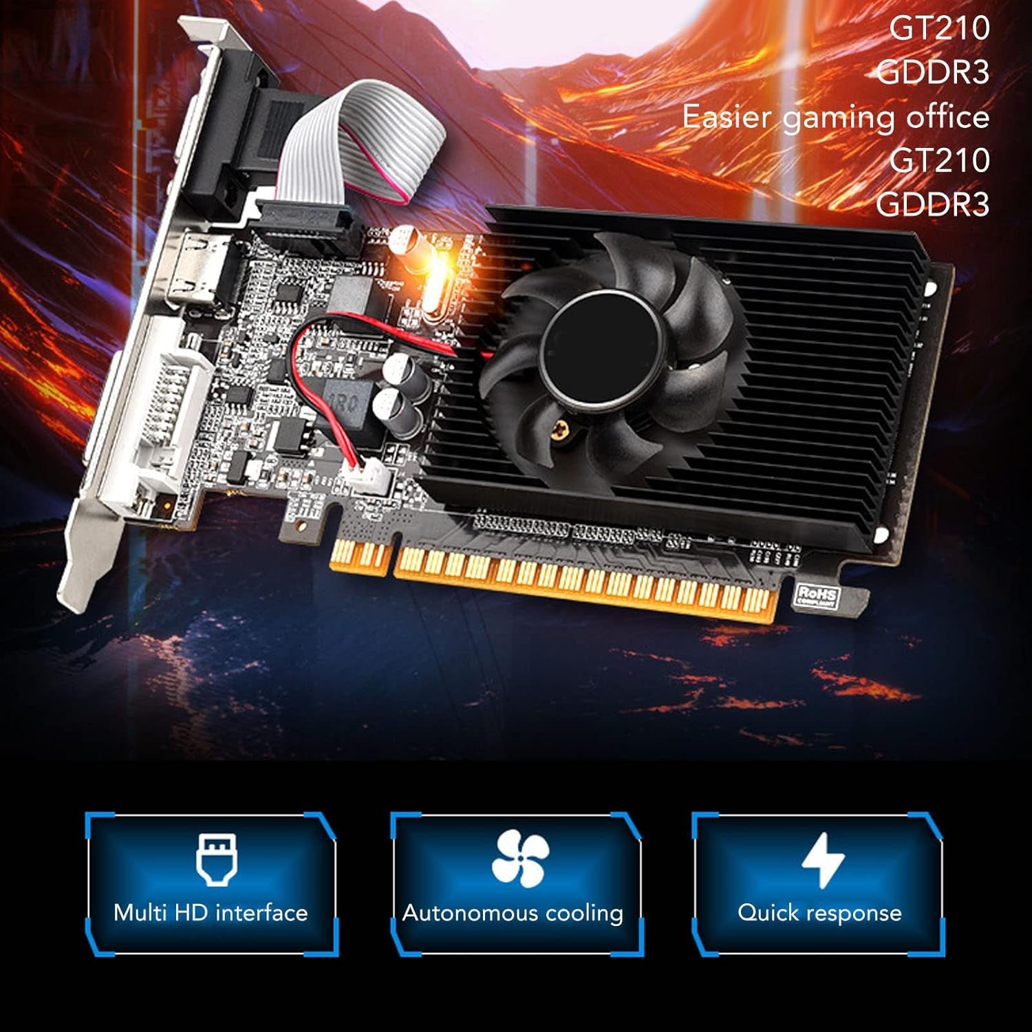 GT210 Graphics Card, 1GB DDR3 64 Bit PC Video Cards, PCI Express X16, Single Fan Air Cooling, Supports VGA DVI HD Multimedia Interface