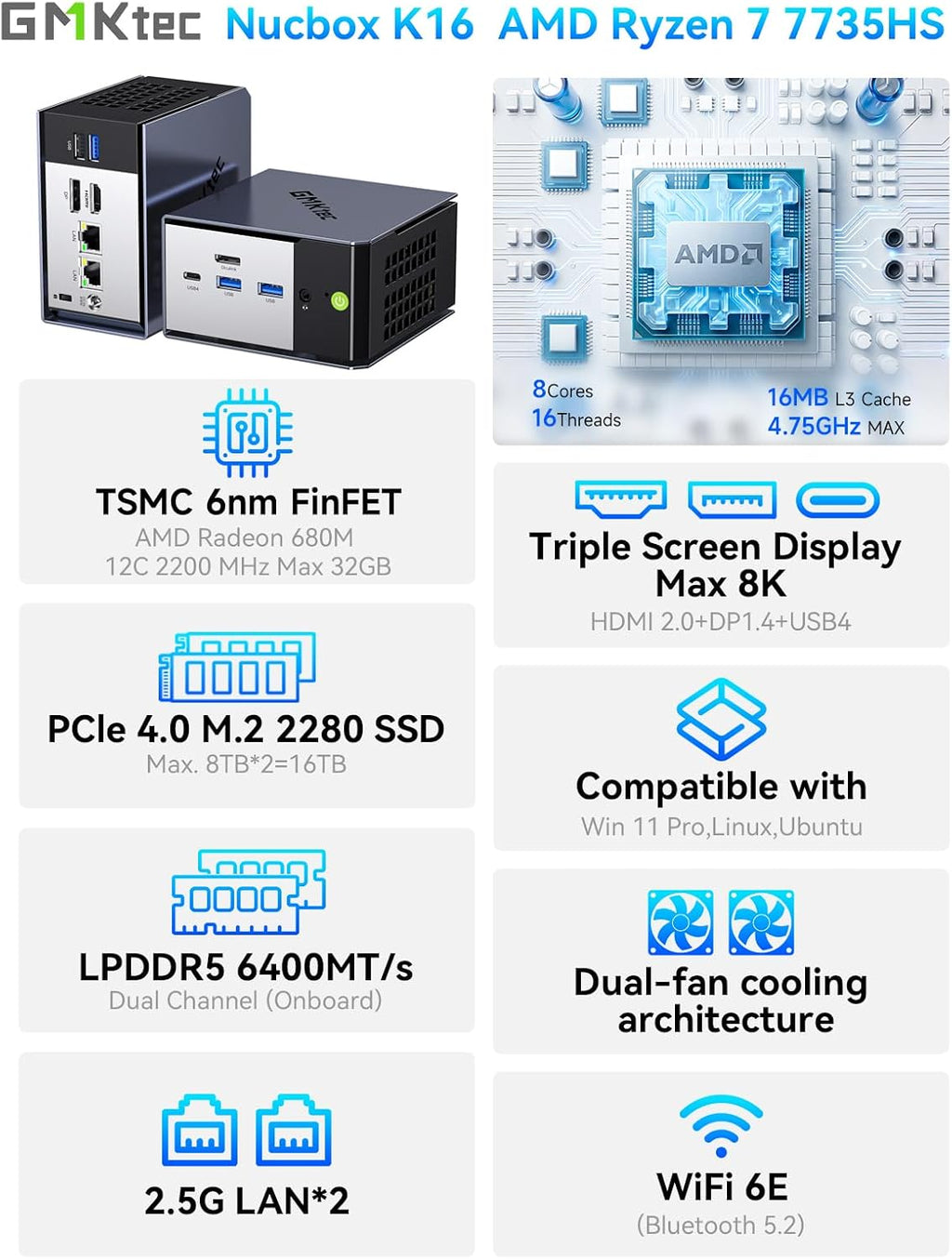 K16 Gaming Mini PC AMD Ryzen 7 7735HS 32 GB LPDDR5 RAM 512GB SSD | Desktop Mini Computer, AMD Radeon 680M 8C/16T 4.75Ghz, Dual NIC LAN 2.5Gbe, Oculink, USB4, HDMI, USB-C