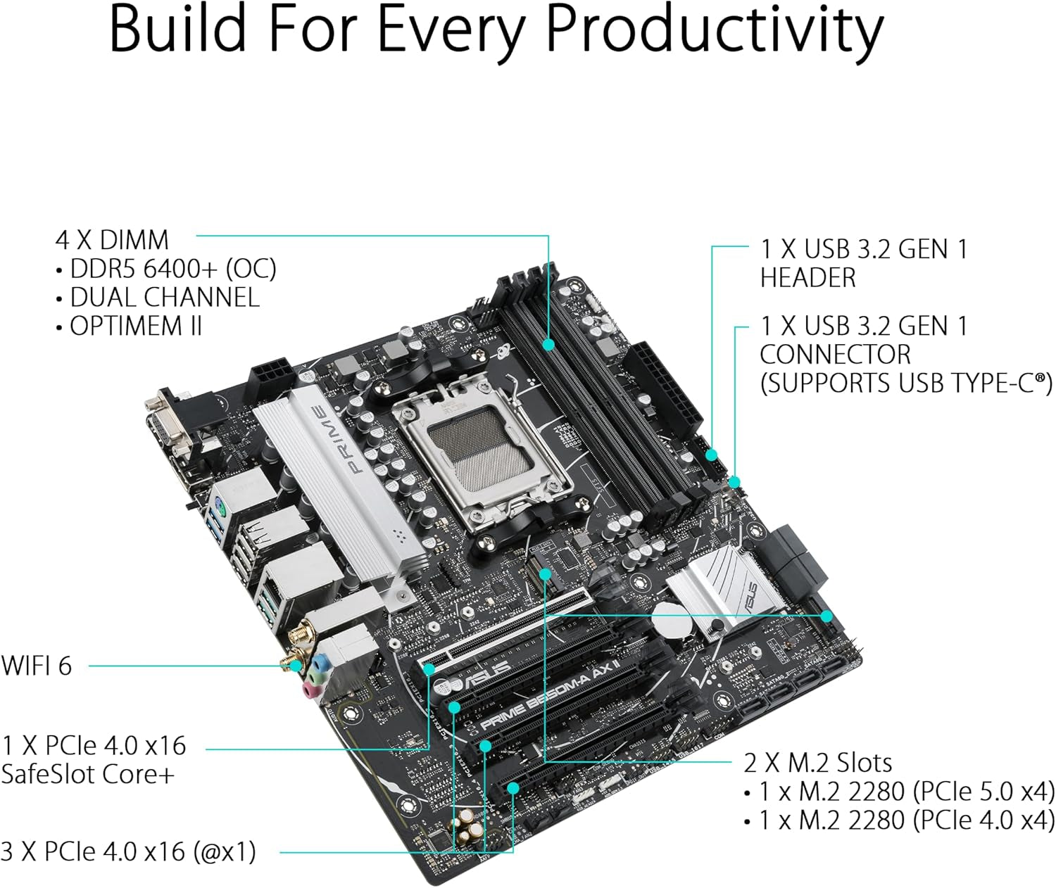 ASUS Prime B650M-A AX II AMD B650 AM5 Ryzen™ Desktop 9000 8000 & 7000 Micro-Atx Matx Motherboard, DDR5, Pcie 5.0 M.2, 2.5Gb LAN, Wi-Fi 6, Displayport, HDMI®, USB 3.2, USB 3.2 Type-C®, BIOS Flashback™