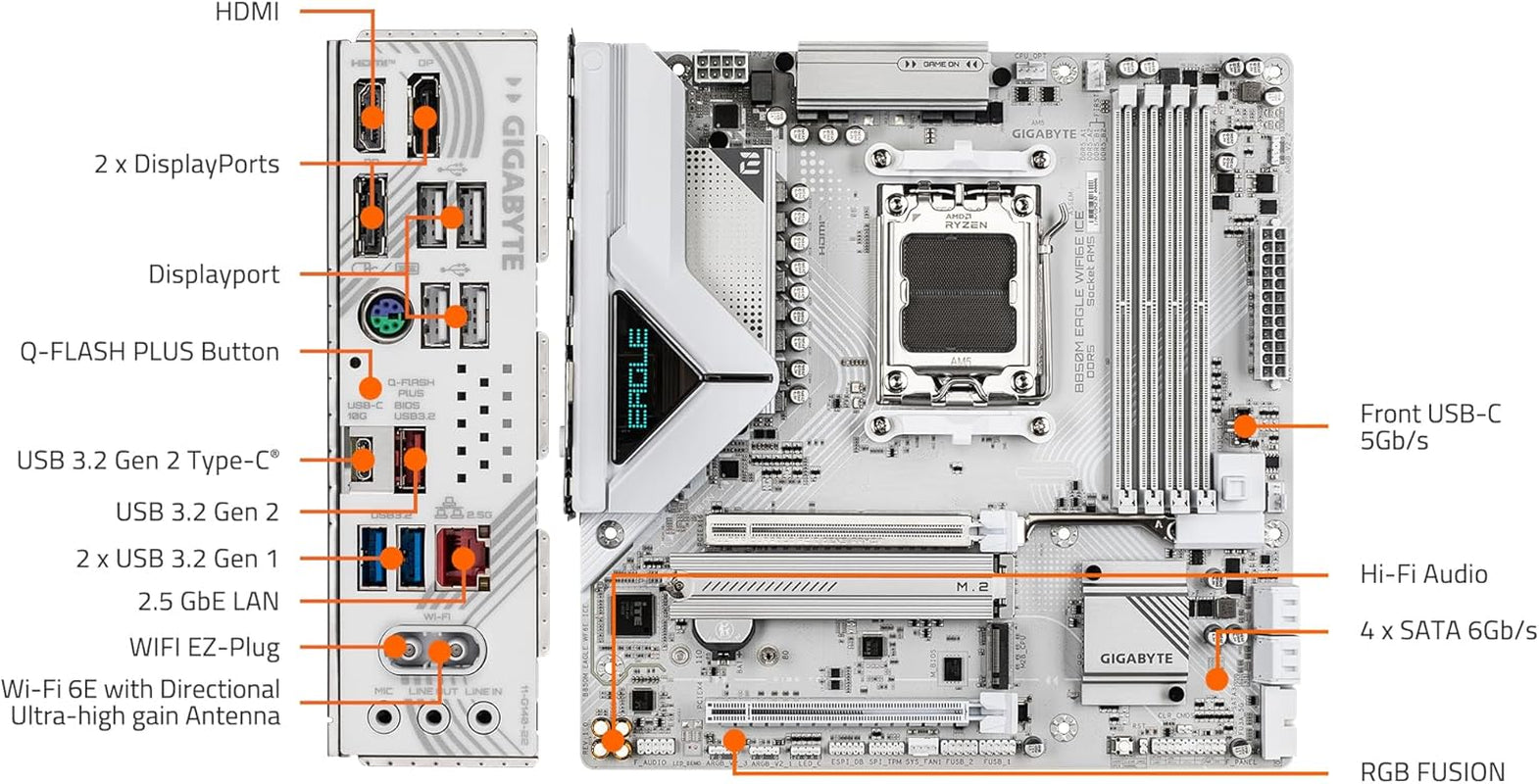 GIGABYTE B850M Eagle WIFI6E ICE AMD AM5 Matx Motherboard, Support AMD Ryzen 9000/8000/7000 Series, DDR5, 8+2+2 Power Phase, 2X M.2, Pcie 5.0, USB-C, WIFI6E, 2.5Gbe LAN, Ez-Latch, 3-Year Warranty