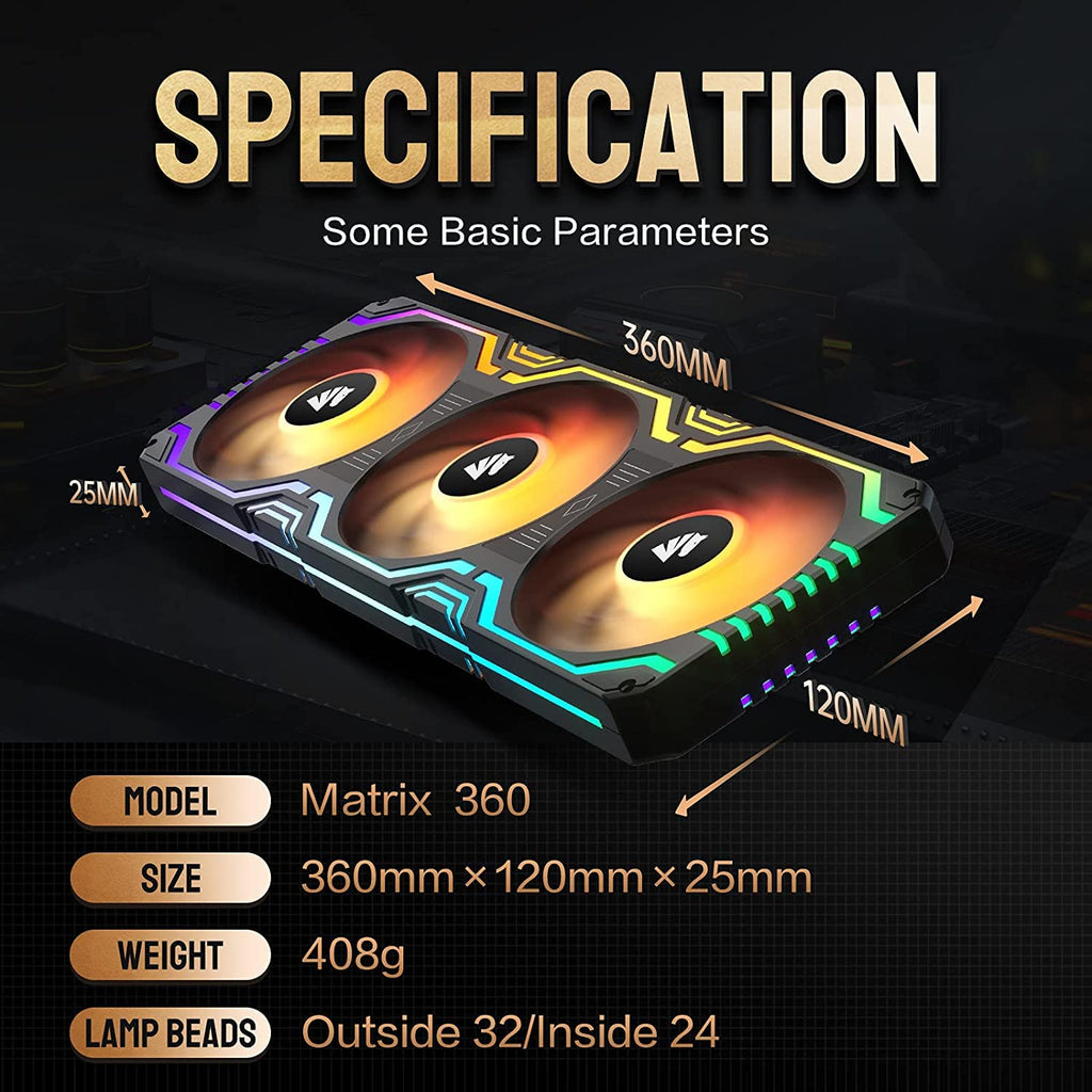 Matrix 360Mm PC Fan, 56 Addressable Leds RGB Fans, All-In-One Square Frame Integrated RGB Case Fan with MB Sync/Analog Controller, PWM Control Fan for Computer Case and Liquid Cooling System