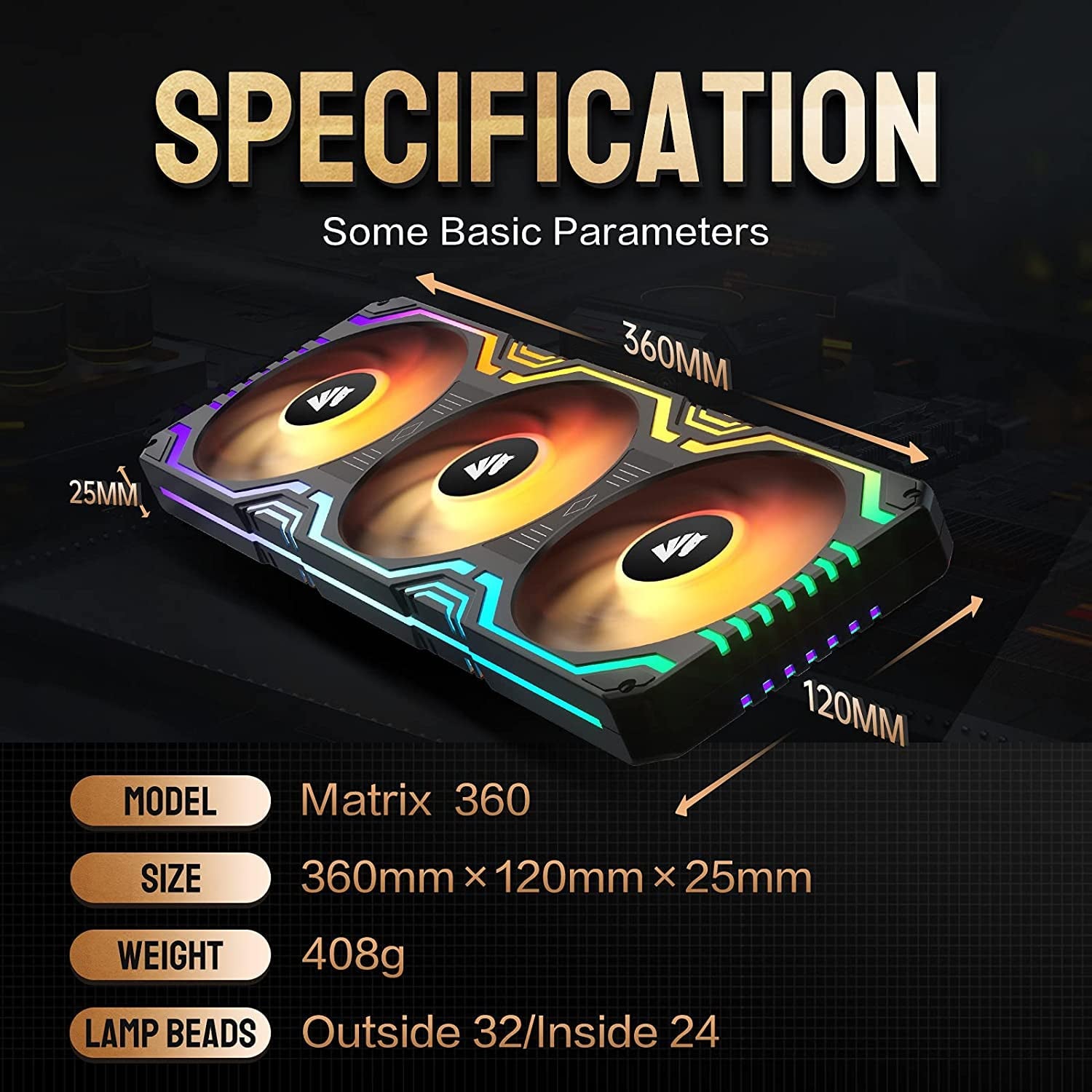 Matrix 360Mm PC Fan, 56 Addressable Leds RGB Fans, All-In-One Square Frame Integrated RGB Case Fan with MB Sync/Analog Controller, PWM Control Fan for Computer Case and Liquid Cooling System
