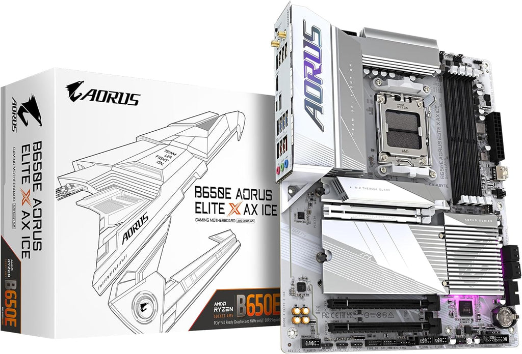 GIGABYTE B650E AORUS Elite X AX ICE AMD AM5 ATX Motherboard, Support Ryzen 9000/8000/7000 Series, DDR5, 12+2+2 Power Phase, 3X M.2, Pcie 5.0, USB-C, WIFI6E, 2.5Gbe, Ez-Latch, Q-Flash, RGB Fusion