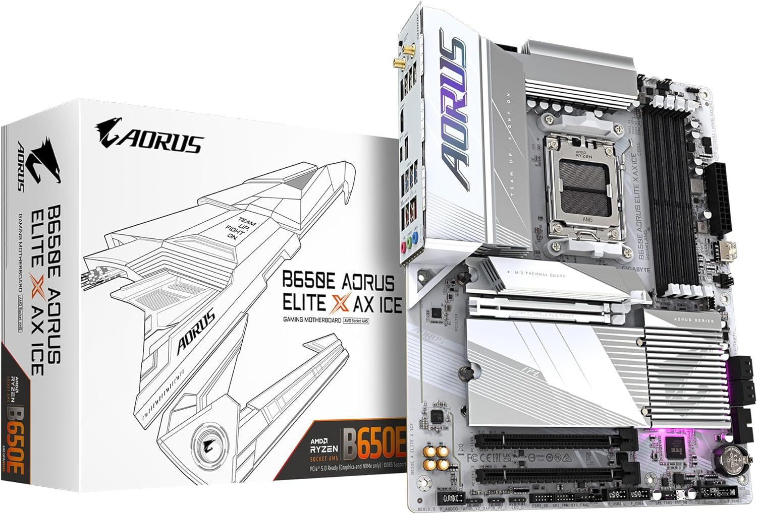 GIGABYTE B650E AORUS Elite X AX ICE AMD AM5 ATX Motherboard, Support Ryzen 9000/8000/7000 Series, DDR5, 12+2+2 Power Phase, 3X M.2, Pcie 5.0, USB-C, WIFI6E, 2.5Gbe, Ez-Latch, Q-Flash, RGB Fusion