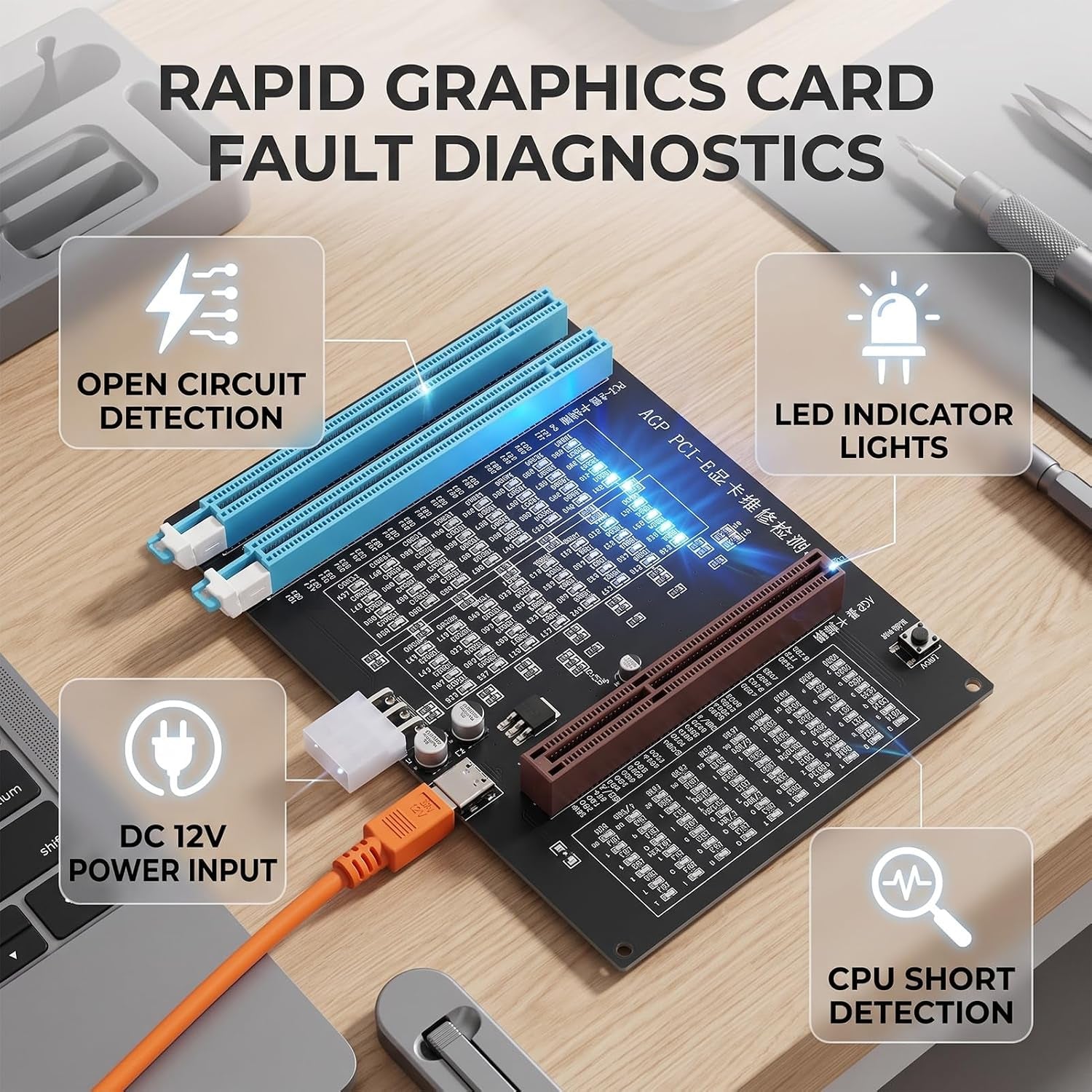 Computer Accessory Graphics Card Tester with Light,Agp PCI E Double Purpose Display Video Graphics Card Tester for Computer Accessory