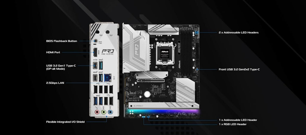 AMD AM5 B850 Pro RS Motherboard, AMD Ryzen 9000/8000/7000 Series, 4X DDR5 Slots up to 8000Mhz, 24-Pin Power Connection, ATX, 21X USB Ports, Pcie 5.0