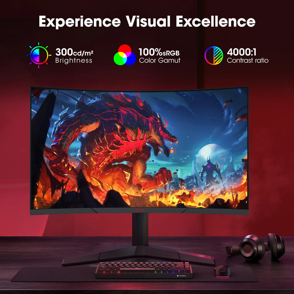 KOORUI 27 Inch 1440P Curved Gaming Monitor, 180Hz QHD Computer Monitor, 1Ms Adaptive-Sync, Hdmi/Displayport, 27E6QCA