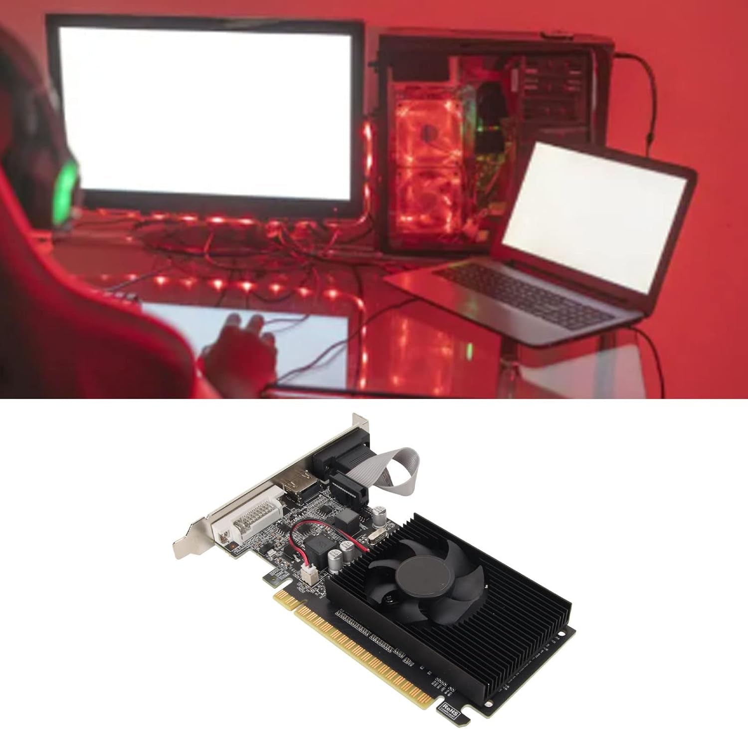 Graphics Card, GT610 1GB DDR3 64-Bit 1800Mhz PCI Express 2.0 Video Card with Single Fan Cooling, Supports HDMI VGA DVI for PC Desktop Computer
