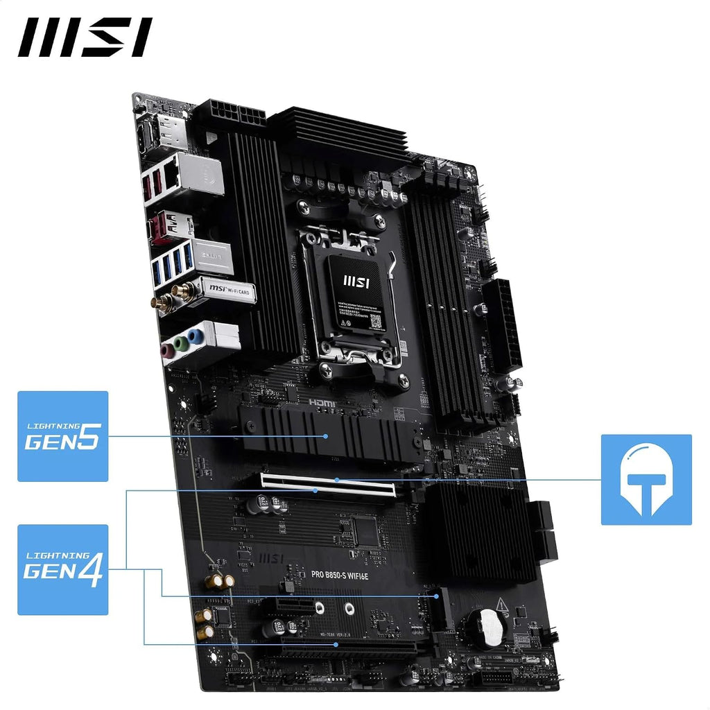 MSI PRO B850-S WIFI6E Motherboard, ATX - Supports AMD Ryzen 9000/8000 / 7000 Processors, AM5 - DDR5 Memory Boost (8200+ Mt/S OC), Pcie 4.0 X16, M.2 Gen5, Wi-Fi 6E, 2.5G LAN