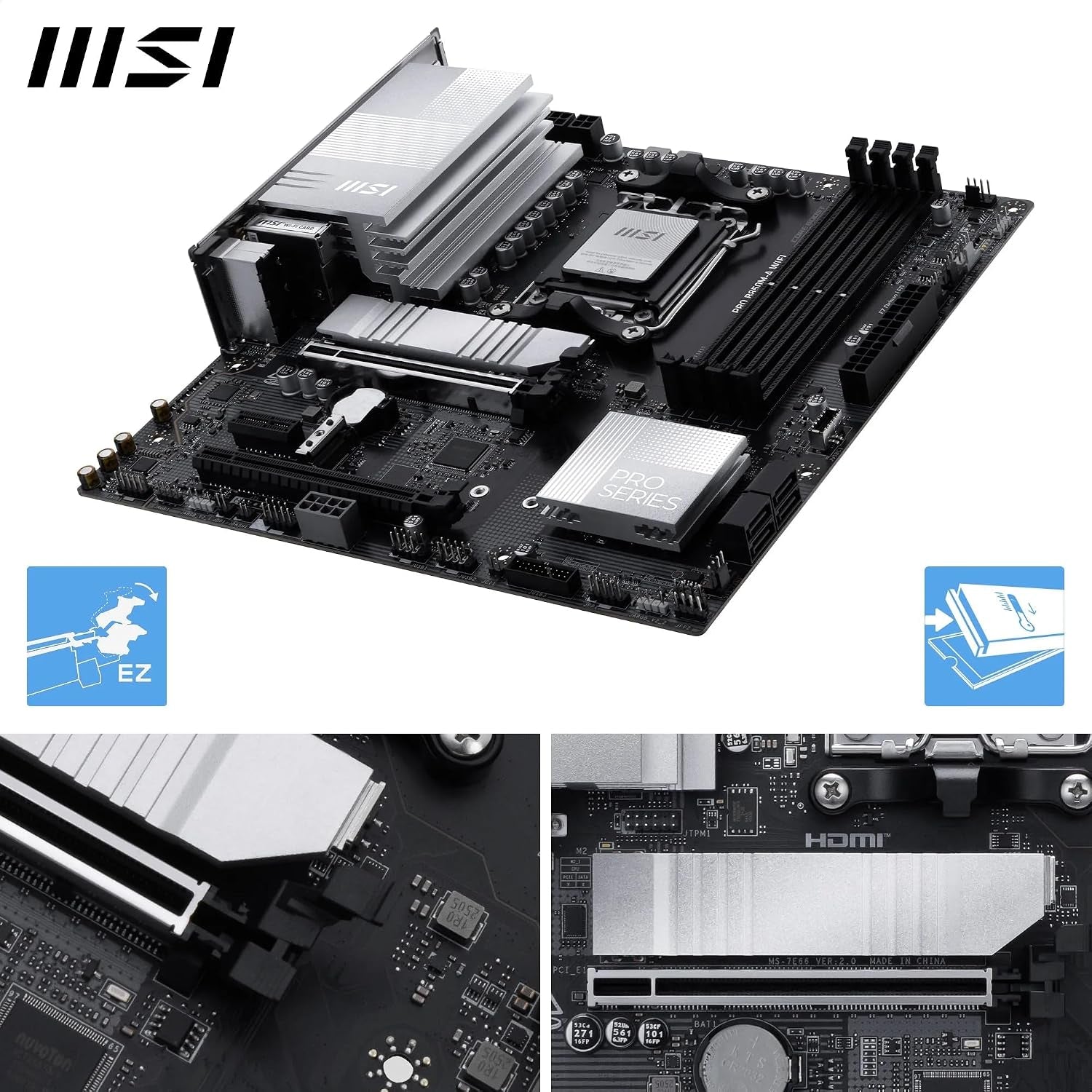MSI PRO B850M-A Wifi Motherboard, Matx - Supports AMD Ryzen 9000/8000 / 7000 Processors, AM5 - DDR5 Memory Boost (8200+ Mt/S OC), Pcie 5.0 X16 & 4.0 X4, M.2 Gen5, Wi-Fi 7, 5G LAN