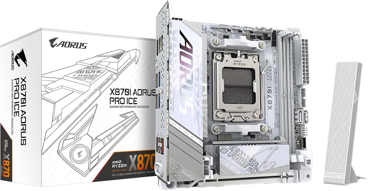 GIGABYTE X870I AORUS PRO ICE AMD AM5 LGA 1718 Motherboard, Mini-Itx, DDR5, 2X M.2, Pcie 5.0, USB-C, WIFI7, 2.5Gbe LAN, Ez-Latch, 5-Year Warranty
