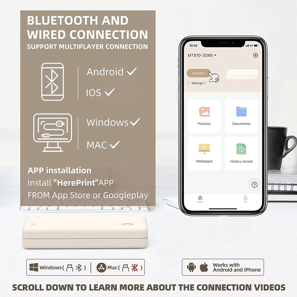 Mixfeer Wireless Printer, Portable Thermal Inkless Printer Compatible with Android Ios Phones & Laptops, Beige