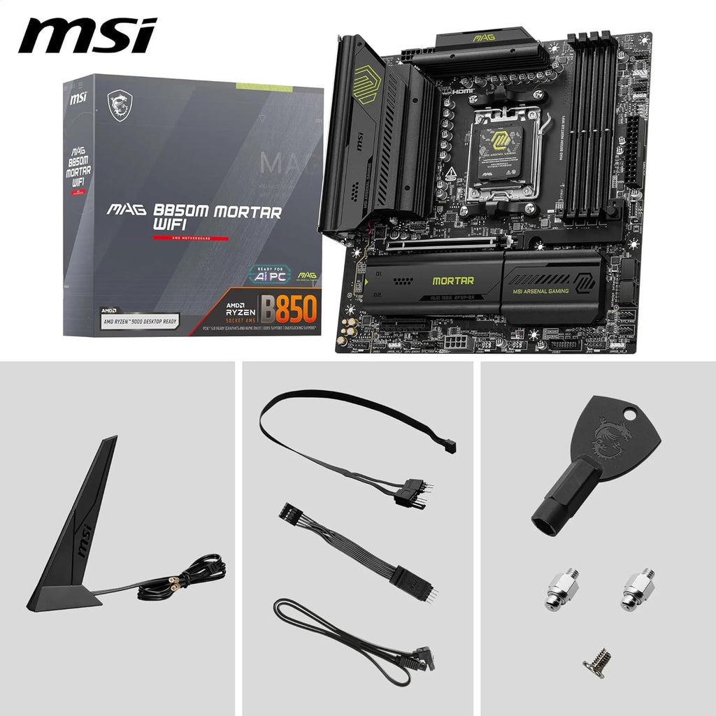 MSI MAG B850M Mortar Wifi Motherboard, Matx - Supports AMD Ryzen 9000/8000 / 7000 Processors, AM5-60A SPS VRM, DDR5 Memory Boost 8200+ Mt/S (OC), Pcie 5.0 X16, M.2 Gen5, Wi-Fi 7, 5G LAN
