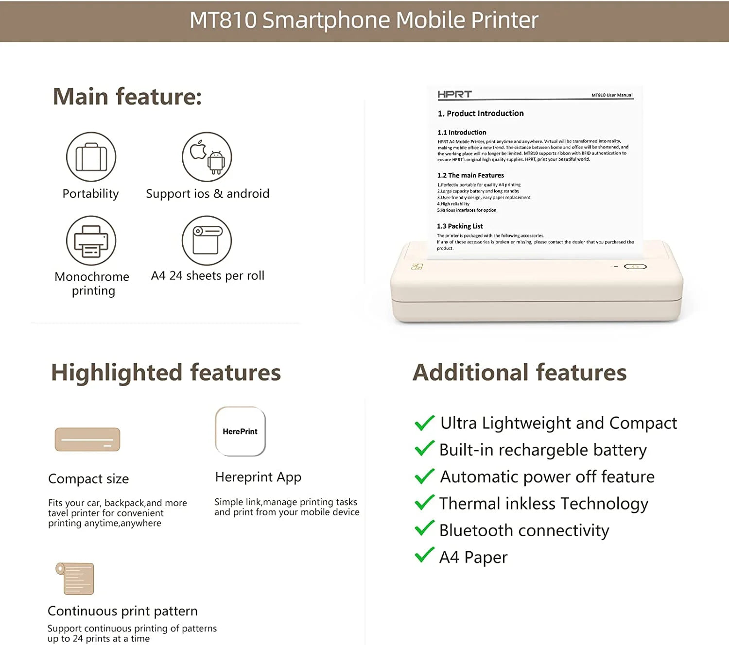 Mixfeer Wireless Printer, Portable Thermal Inkless Printer Compatible with Android Ios Phones & Laptops, Beige