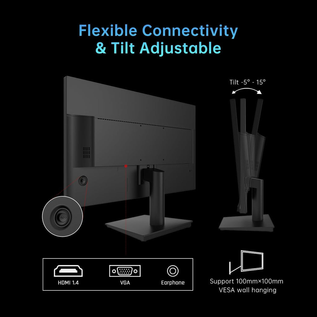 24 Inch 1080P Full HD Computer Monitor, 100Hz HDR10 Frameless Gaming Monitor with Freesync, HDMI & VGA Ports PC Monitor for Working, VESA, Tilt Adjustable, Eye Care
