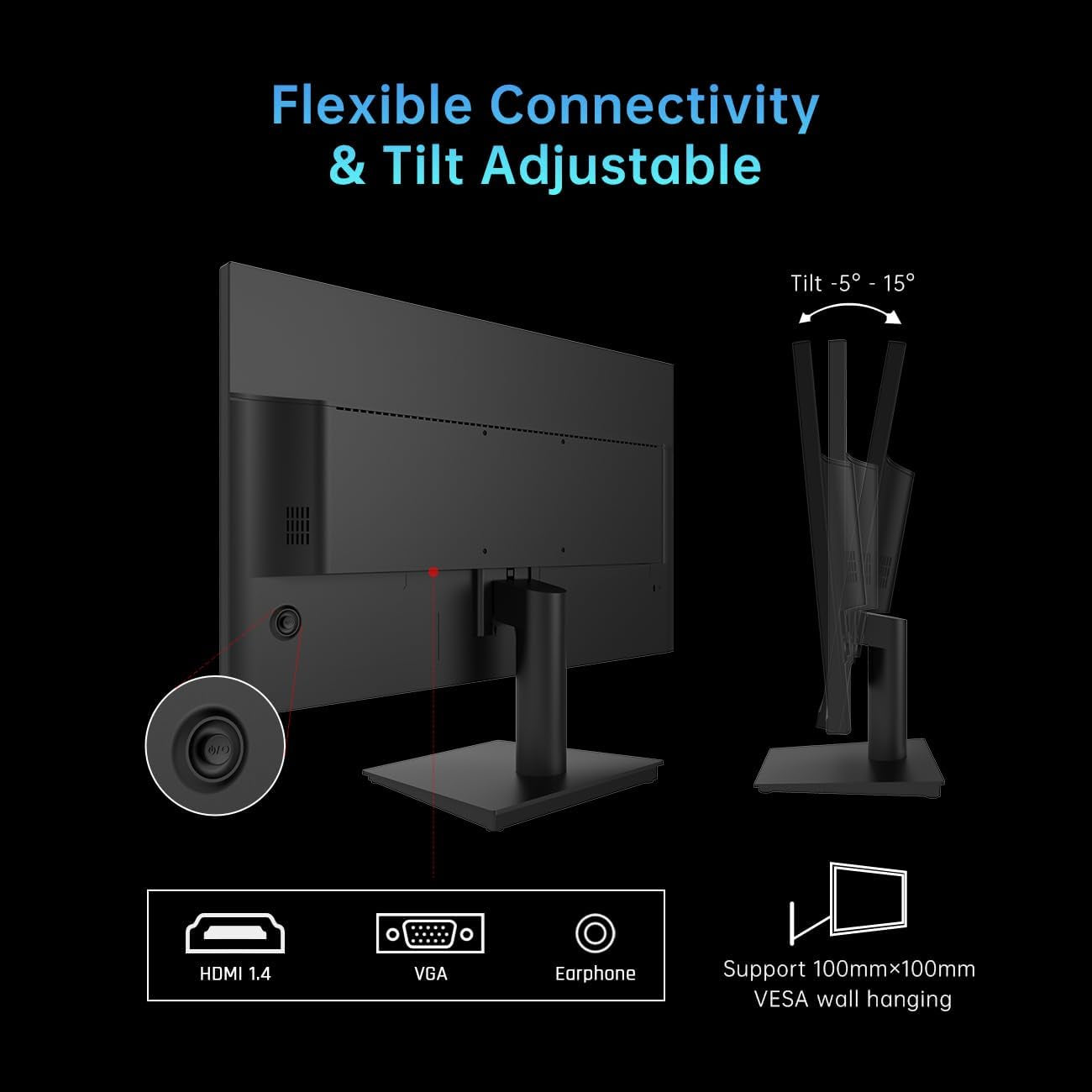 24 Inch 1080P Full HD Computer Monitor, 100Hz HDR10 Frameless Gaming Monitor with Freesync, HDMI & VGA Ports PC Monitor for Working, VESA, Tilt Adjustable, Eye Care