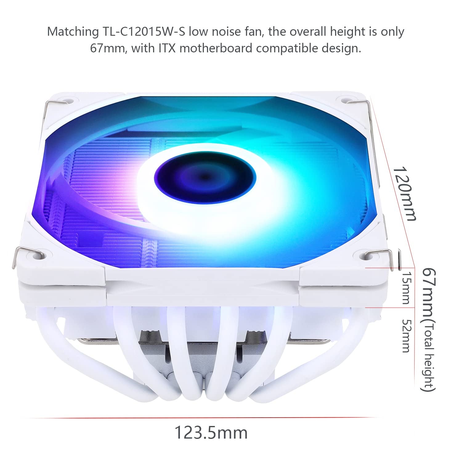 AXP120-X67 White ARGB Low Profile CPU Air Cooler with Quite TL-C12015W-S PWM Fan, 6 Heat Pipes, 67Mm Height, for AM4/ Am5/Intel LGA 1700/1851/115X/1200/2011,5V ARGB LED CPU Cooler,1800Rpm