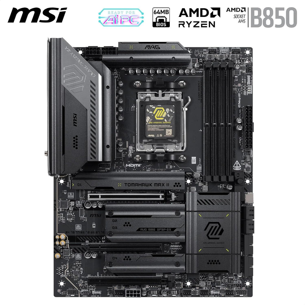 MSI MAG B850 Tomahawk MAX Wifi II Motherboard - Supports AMD Ryzen 9000/8000 / 7000 Processors, AM5-80A SPS VRM, DDR5 Memory Boost (Up to 8400+ Mt/S OC), Pcie 5.0 X16, M.2 Gen5, Wi-Fi 7, 5G L