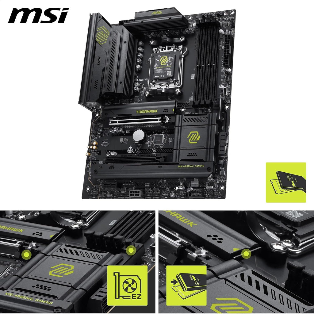 MSI MAG B850 Tomahawk Wifi Motherboard, ATX - Supports AMD Ryzen 9000/8000 / 7000 Processors, AM5-80A SPS VRM, DDR5 Memory Boost 8200+ Mt/S (OC), Pcie 5.0 X16, M.2 Gen5, Wi-Fi 7, 5G LAN