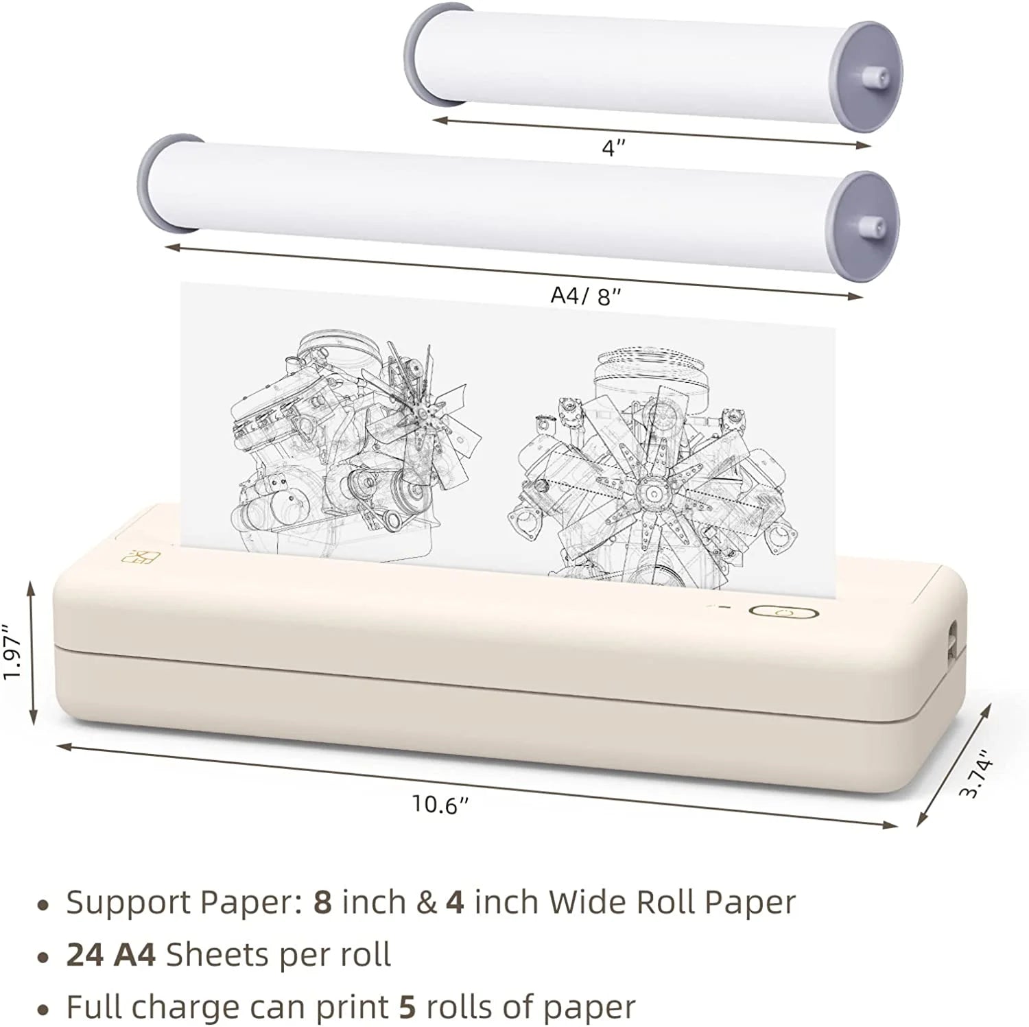 Mixfeer Wireless Printer, Portable Thermal Inkless Printer Compatible with Android Ios Phones & Laptops, Beige
