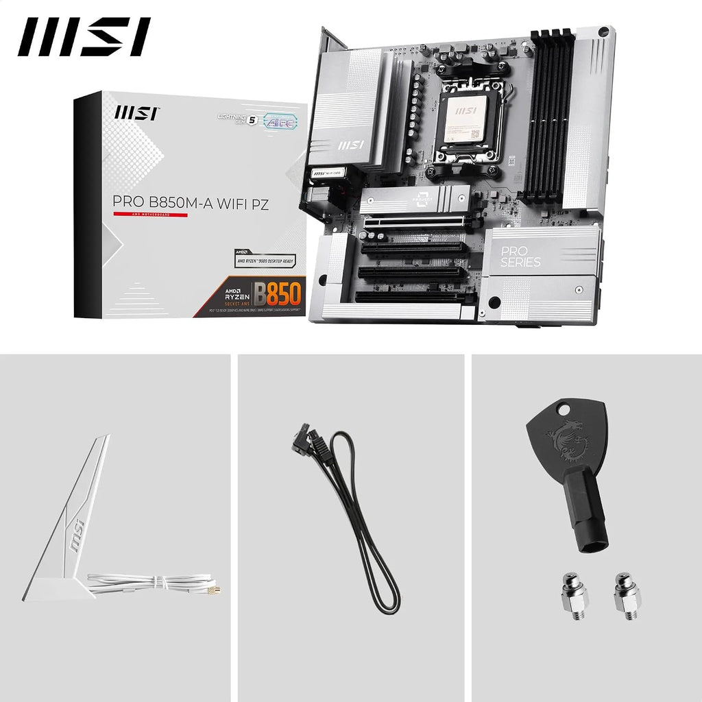 MSI PRO B850M-A Wifi PZ Motherboard, Back-Connect Matx - Supports AMD Ryzen 9000/8000 / 7000 Processors, AM5 - DDR5 Memory Boost (8200+ Mt/S OC), Pcie 5.0 X16 & 4.0 X4, M.2 Gen5, Wi-Fi 7, 5G LAN