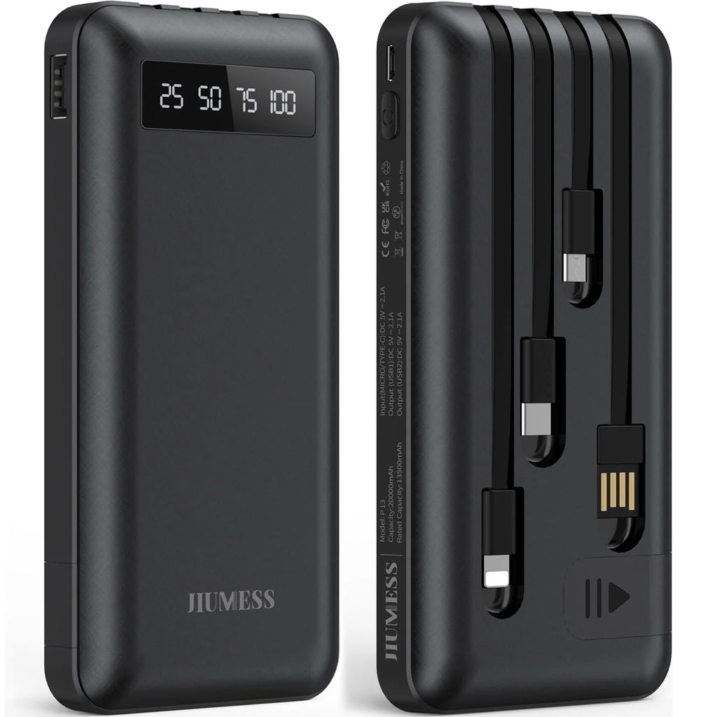 JIUMESS 20000Mah Power Bank Portable Charger with Cables Compatible for Iphone, Android Cell Phone