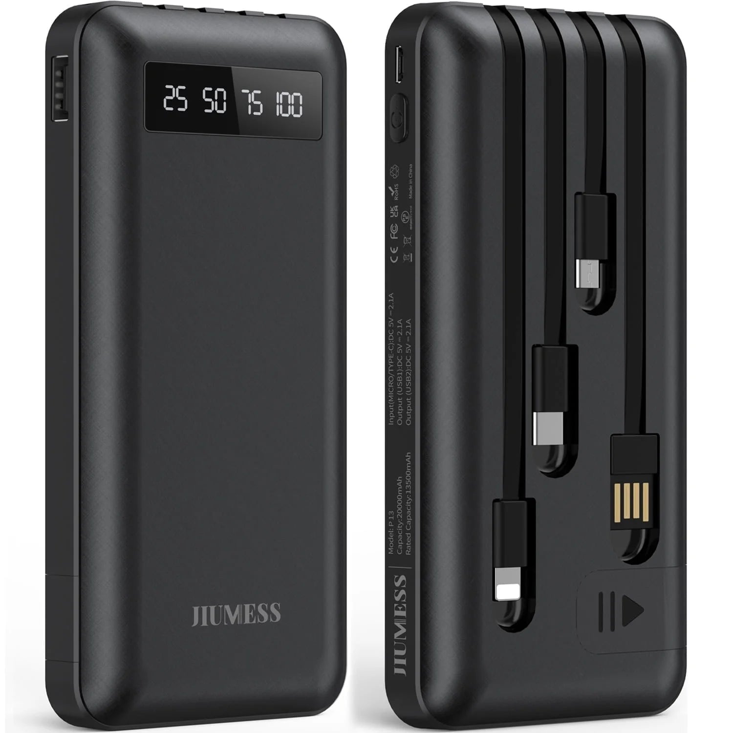 JIUMESS 20000Mah Power Bank Portable Charger with Cables Compatible for Iphone, Android Cell Phone