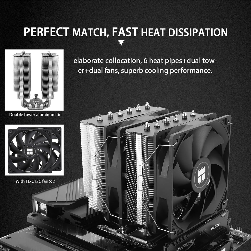 Peerless Assassin 120 SE CPU Air Cooler, 6 Heat Pipes, Dual 120Mm TL-C12C PWM Fans, Aluminum Heatsink Cover, AGHP Technology, for AMD AM4 Am5/Intel LGA 1700/1150/1151/1200/1851（PA120SE）