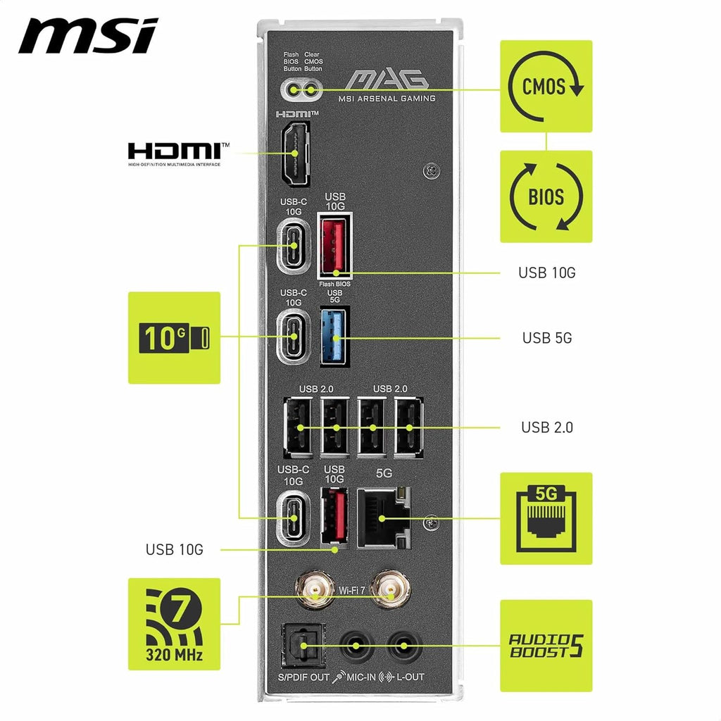 MSI MAG B850 Tomahawk MAX Wifi Motherboard, ATX - Supports AMD Ryzen 9000/8000 / 7000 Processors, AM5-80A SPS VRM, DDR5 Memory Boost 8400+ Mt/S (OC), Pcie 5.0 X16, M.2 Gen5, Wi-Fi 7, 5G LAN