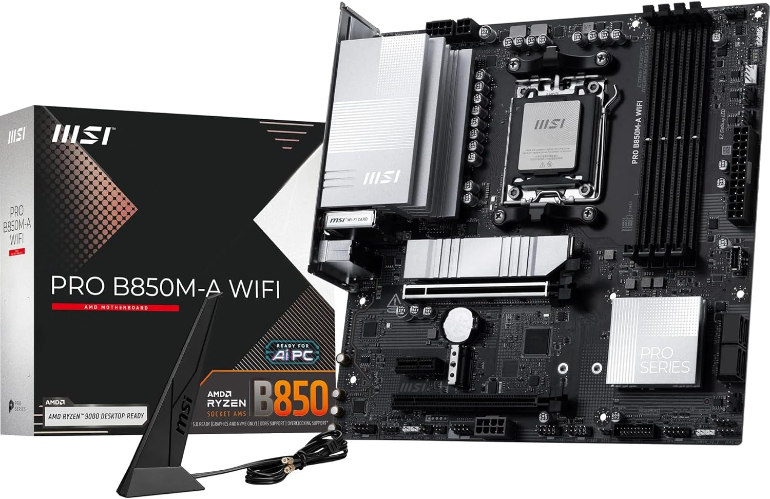 MSI PRO B850M-A Wifi Motherboard, Matx - Supports AMD Ryzen 9000/8000 / 7000 Processors, AM5 - DDR5 Memory Boost (8200+ Mt/S OC), Pcie 5.0 X16 & 4.0 X4, M.2 Gen5, Wi-Fi 7, 5G LAN