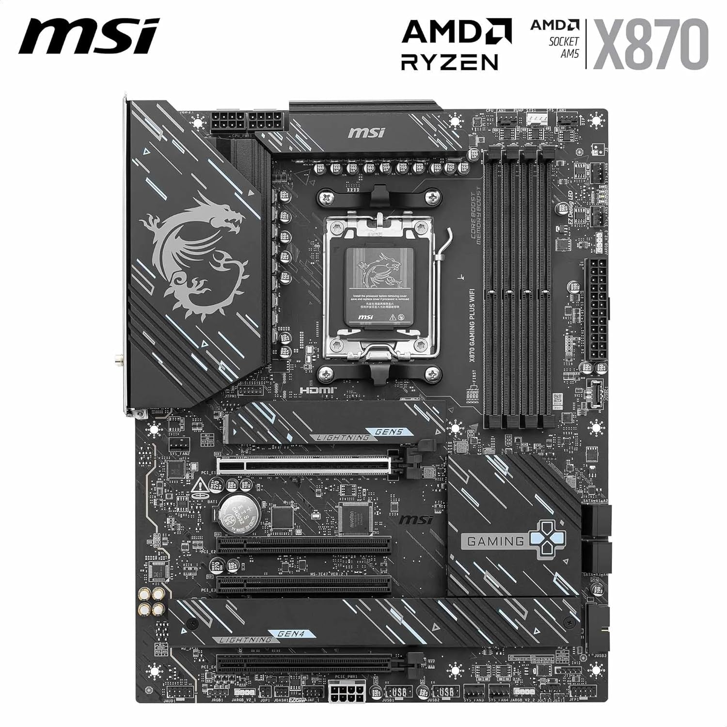 MSI X870 Gaming plus Wifi V1 Motherboard, Atx-Supports AMD Ryzen 9000/8000/7000 Processors, AM5-60A SPS VRM, DDR5 Memory Boost 8200+ Mt/S (OC), Pcie 5.0 X16 & 4.0 X16, M.2 Gen5, Wi-Fi 7, 5G LAN