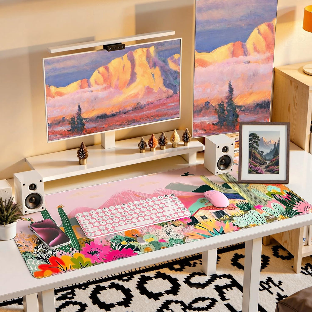 Desk Mat,Cute Mouse Pad for Desk,35"X16",Home Office, Cactus | Waterproof Desk Pad with Non-Slip Rubber Base and Stitched Edges, Extended Keyboard Mousepad for Computer, Home Workspace