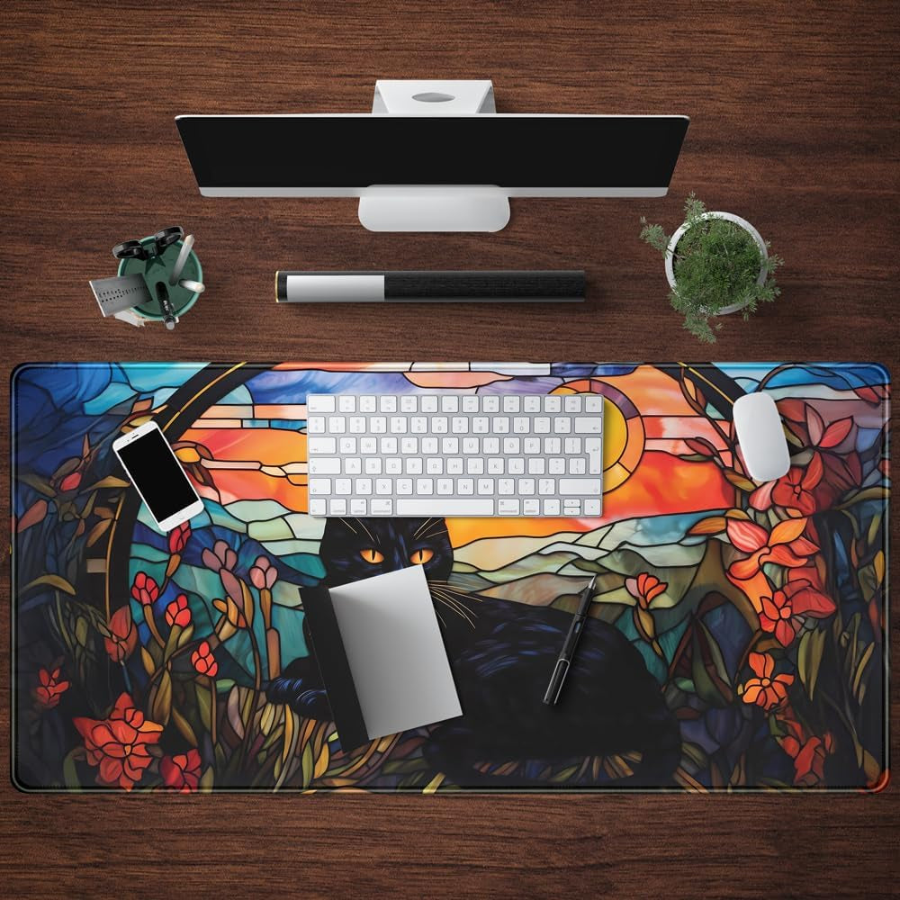 Black Cat Desk Mat Vintage Sunset XXL Large Mouse Pad Laptop Desk Mousepad with Stitched Edges, Keyboard Pad Mouse Mat for Work Game Office Desk Accessories 31.5X15.7 In