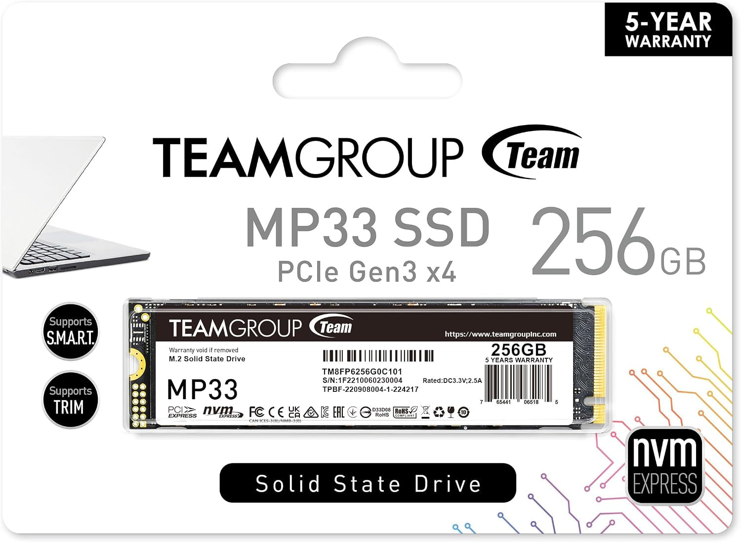 MP33 256GB SLC Cache 3D NAND TLC Nvme 1.3 Pcie Gen3X4 M.2 2280 Internal SSD R/W Speed up to 1600/1000 Mb/S Laptop&Pc Desktop TM8FP6256G0C101