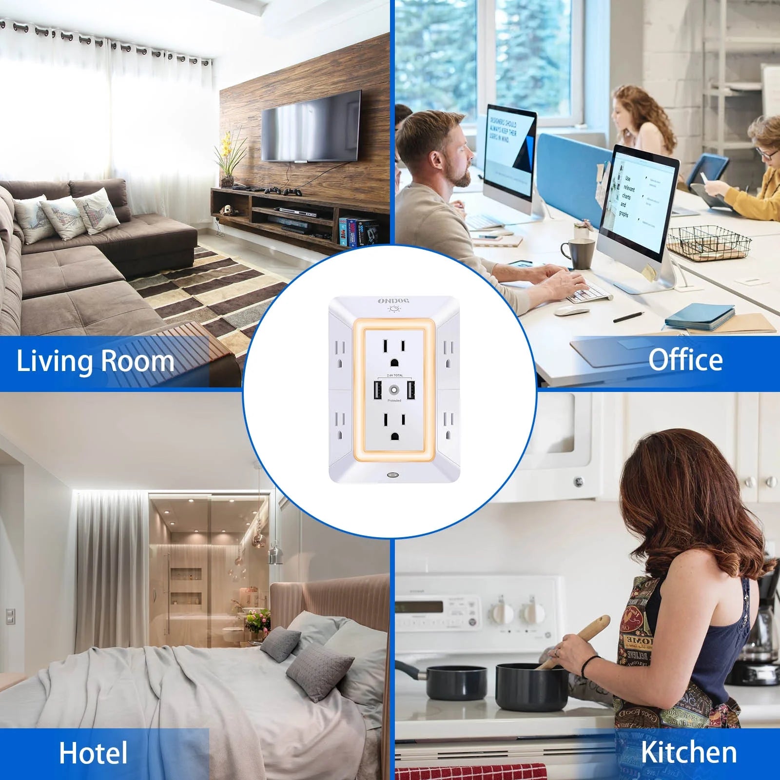 ONDOG 3 Sided Outlet Extender 6 Outlets with 2 USB Ports, Multi Plug Outlet Splitter for Home, Office