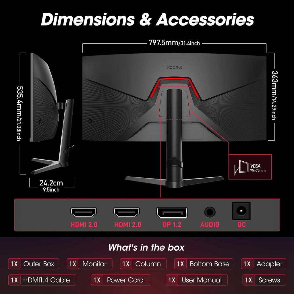 KOORUI 34'' UWQHD Curved Gaming Monitor, 180Hz Ultrawide Monitor, 3440×1440P 1Ms(Mprt) HDR400