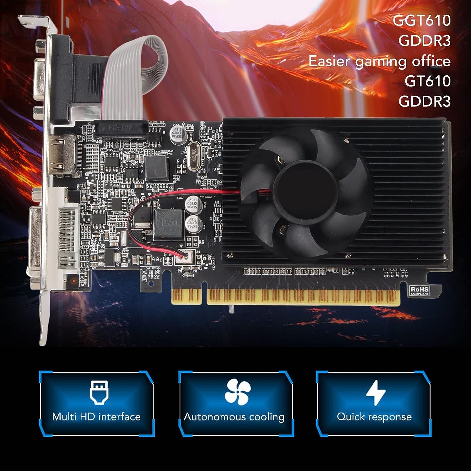 Graphics Card, 610 1GB 64Bit DDR3 PCI Express X16 2.0 Gaming Video Card with VGA DVI Port and Silent Cooling Fan for Desktop Computer